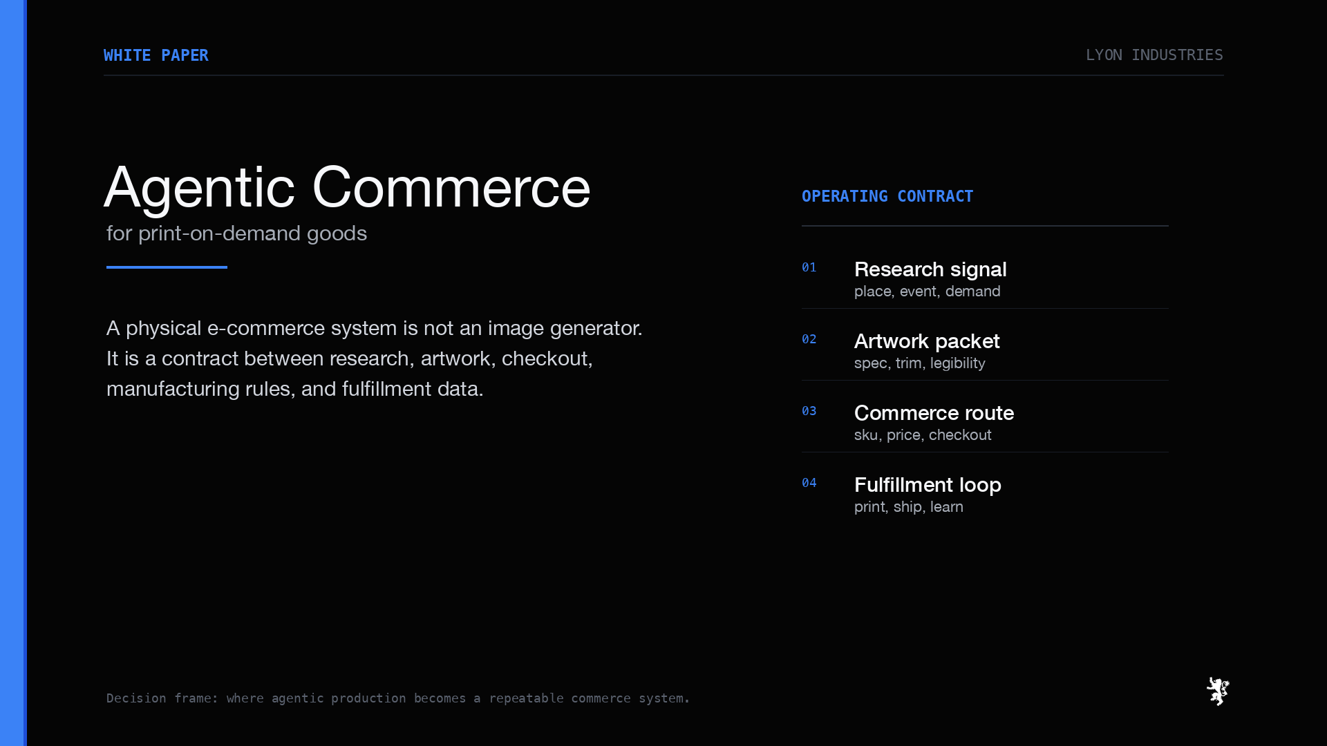 Agentic commerce operating contract with research signal, artwork packet, commerce route, and fulfillment loop.