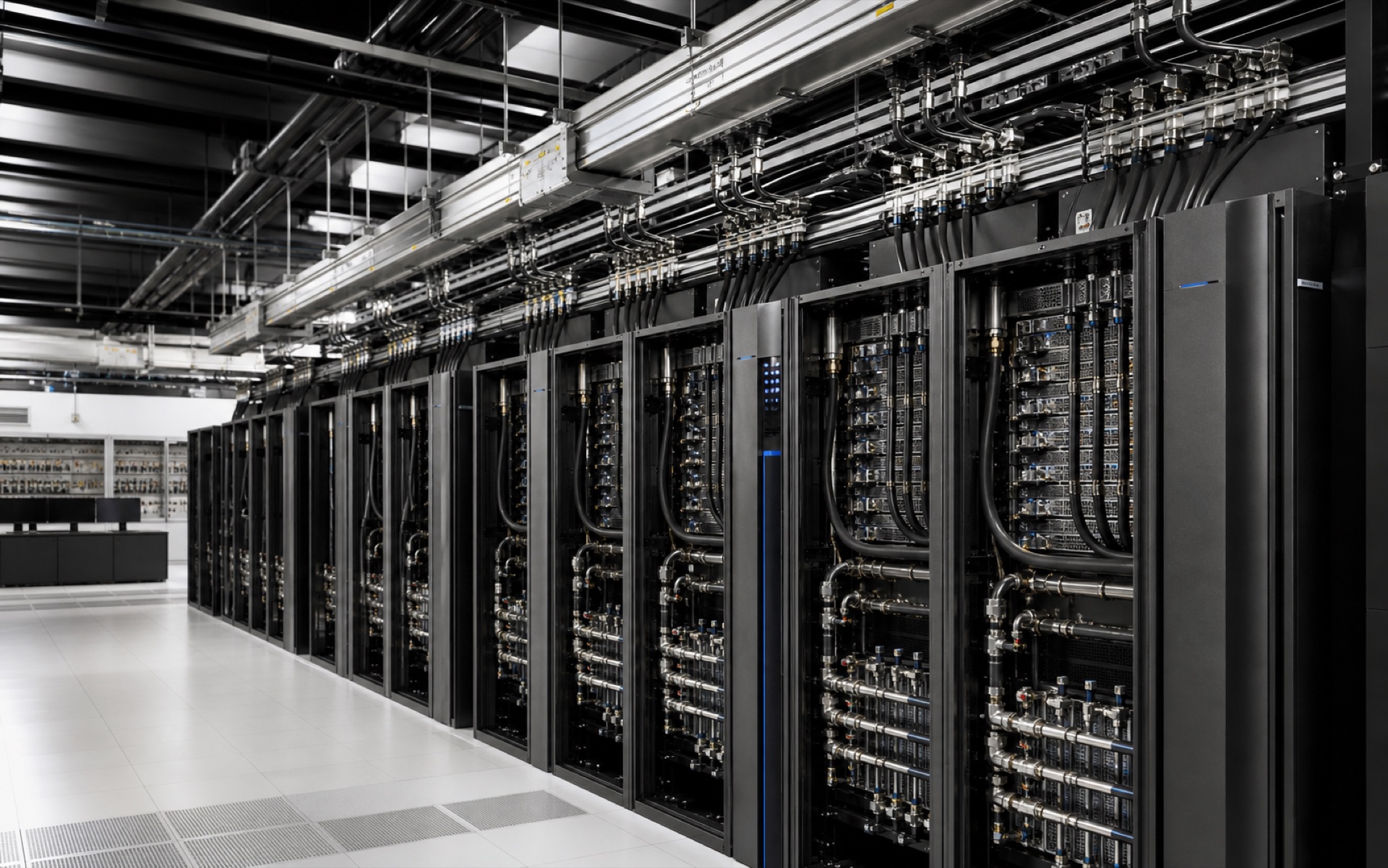 Inside an AI data centre row with liquid-cooled accelerator racks, overhead busway, fibre trunks, and a single blue status signal.