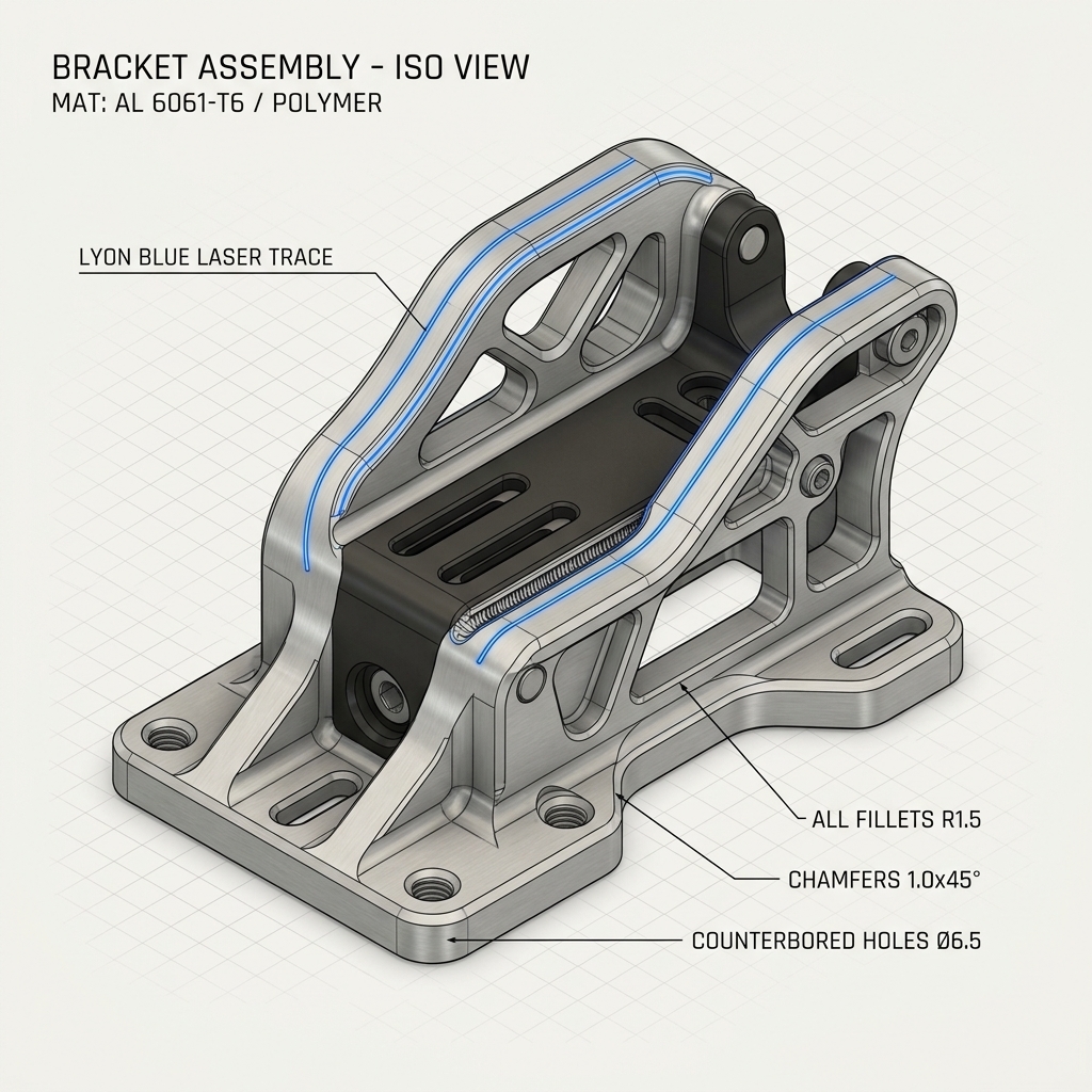 CAD-style render of a machined mechanical bracket with a blue toolpath signal