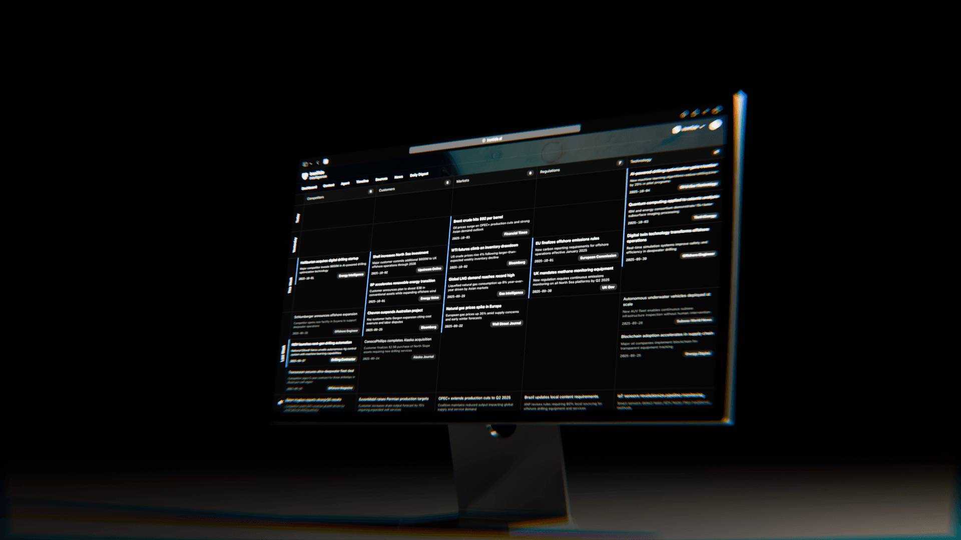 Field Report signal board organised by competitors, customers, markets, regulations, and technology.