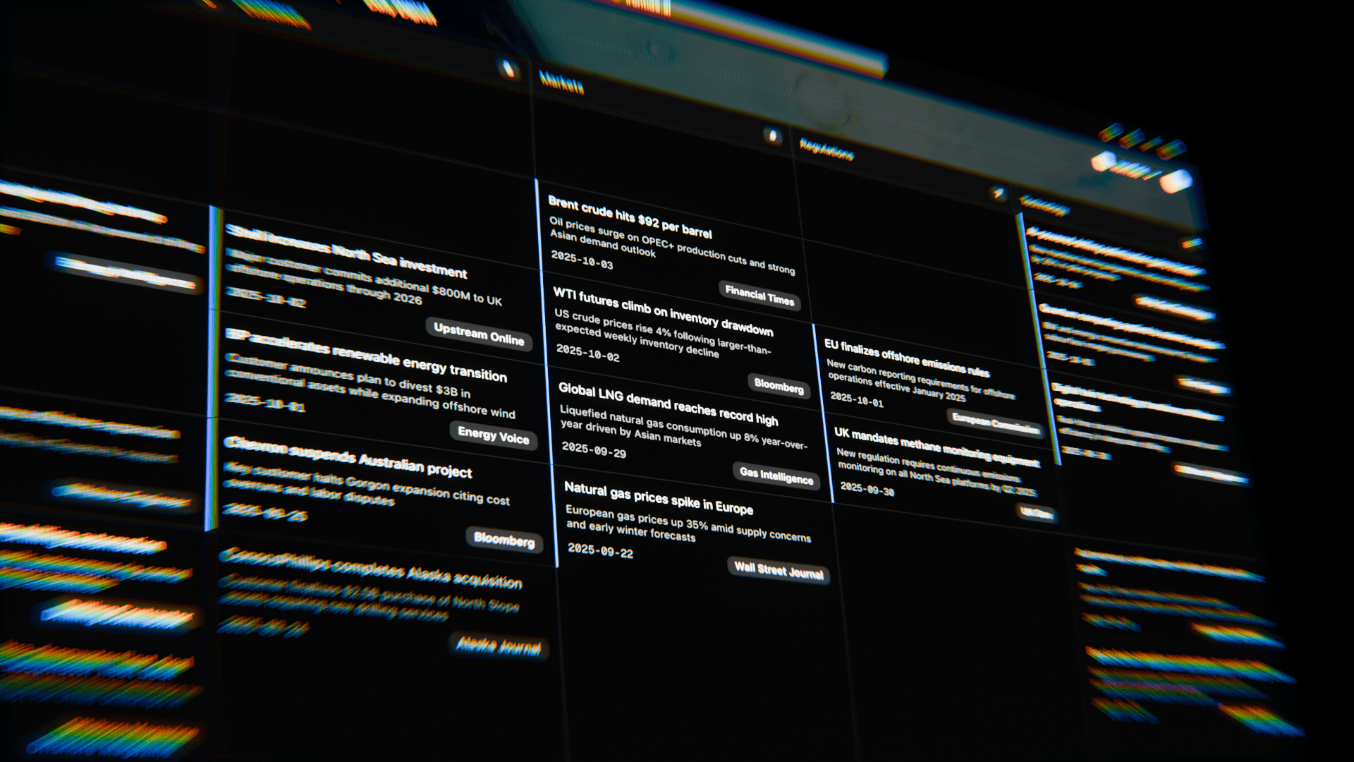 Field Report secondary intelligence view with monitored news items and source summaries.