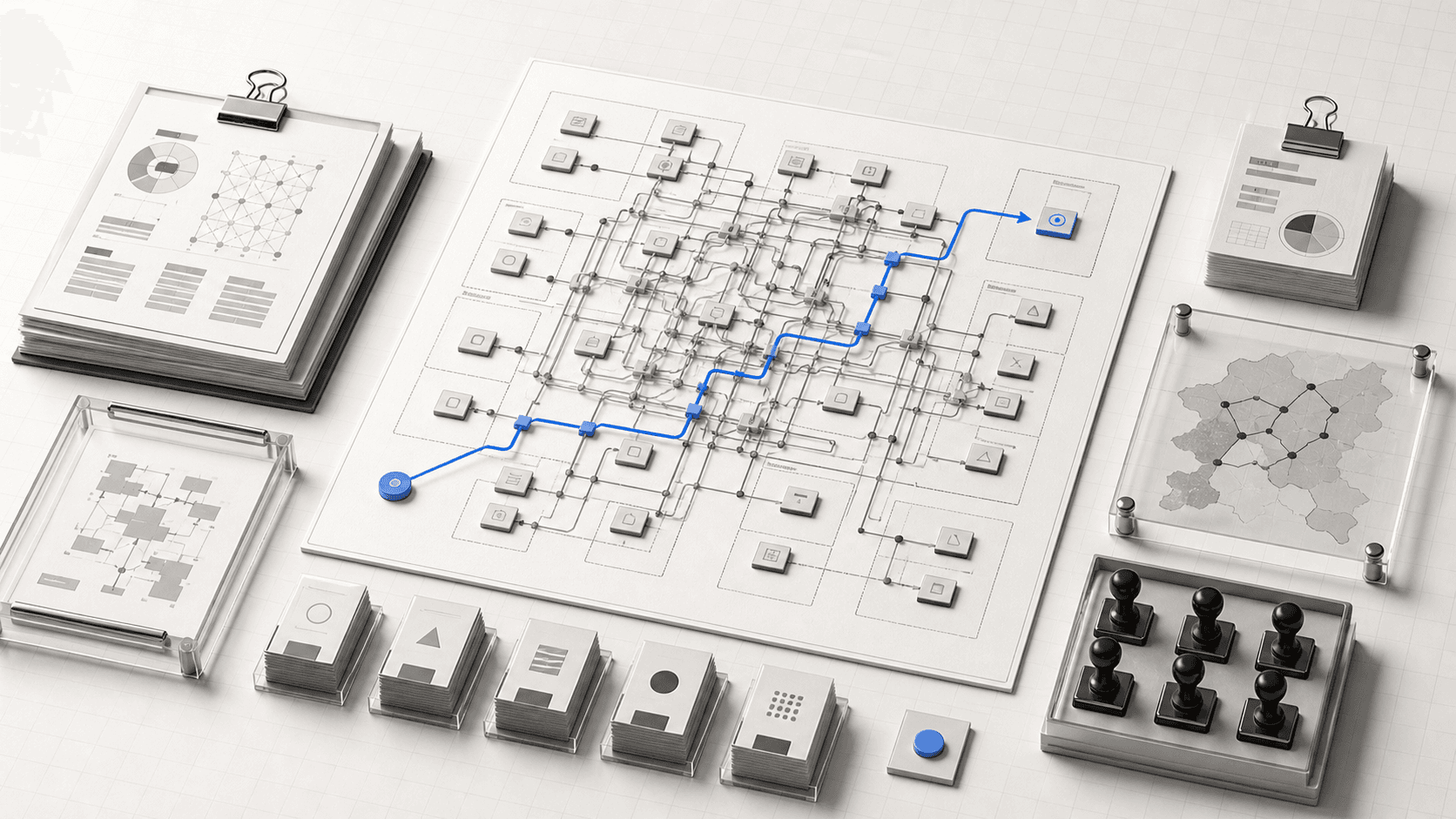 Isometric executive decision board with a single blue decision path moving through a congested governance map