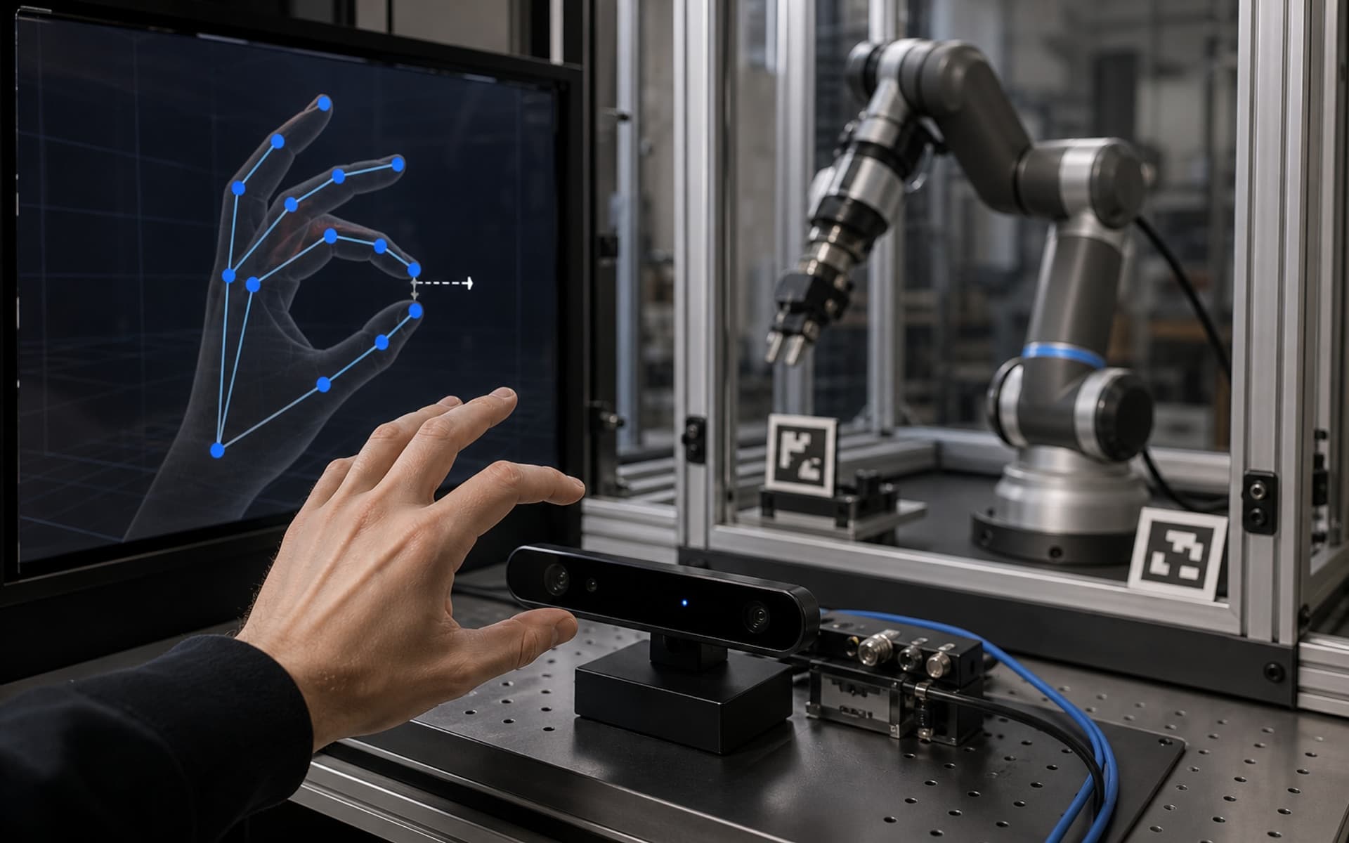A hand-tracking sensor and robot arm test cell showing finger-position landmarks for teleoperation
