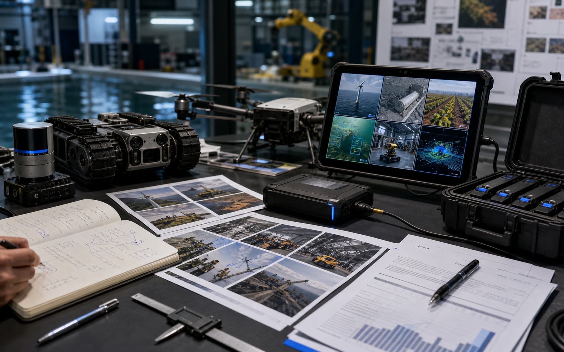 Editorial robotics data review workspace with field robots, sensor feeds, inspection evidence, annotated notes, and industrial proof data