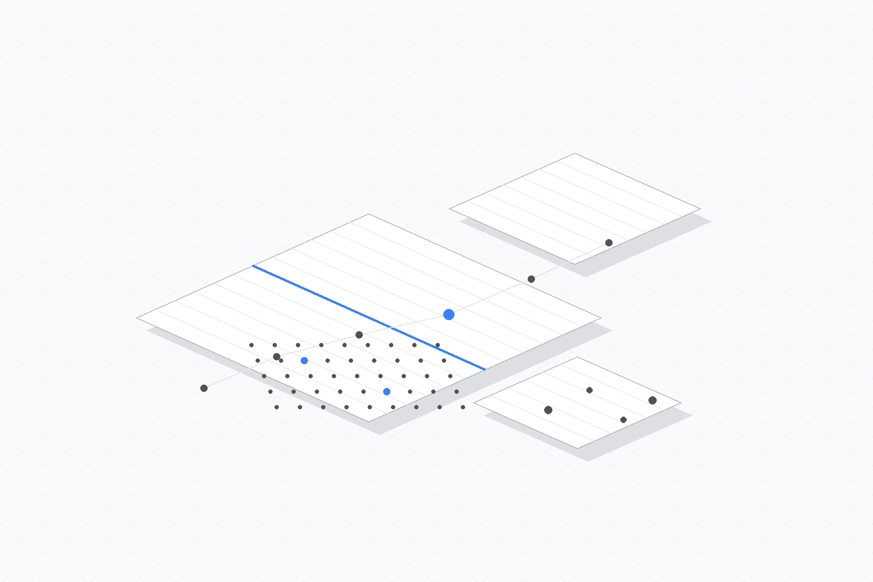 Textless abstract field-grid composition in Lyon Blue, graphite, steel, and off-white