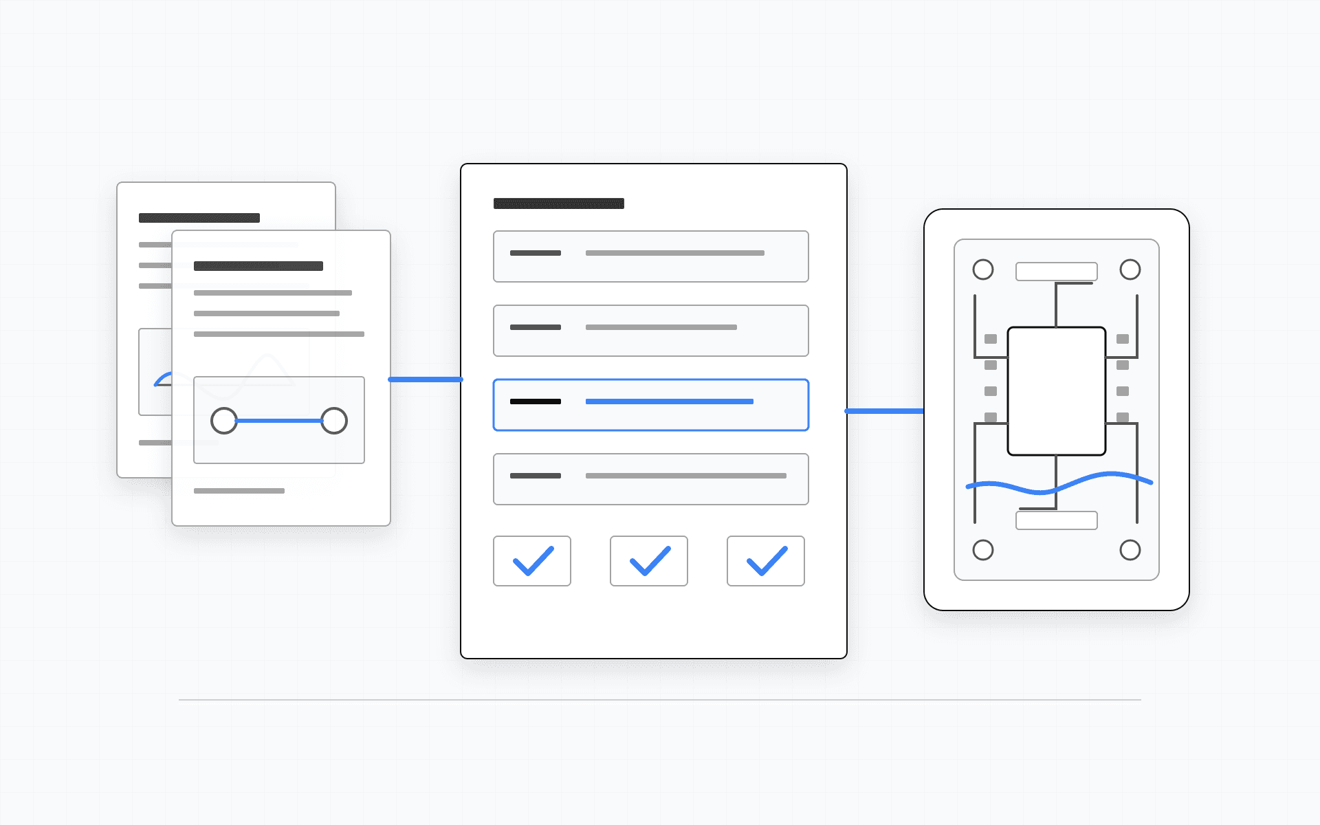 Technical diagram of source documents becoming component contracts, validation checks, and PCB design artifacts