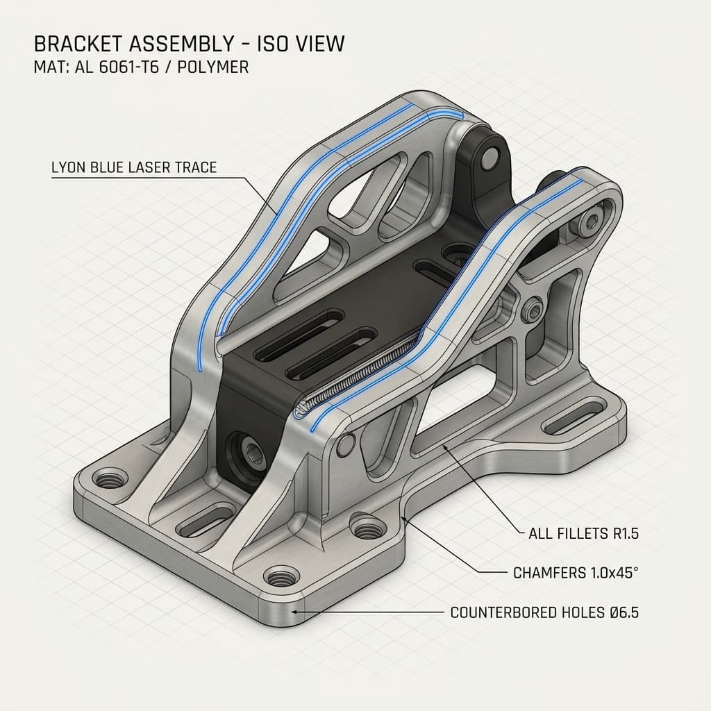 CAD-style render of a machined mechanical bracket with a blue toolpath signal