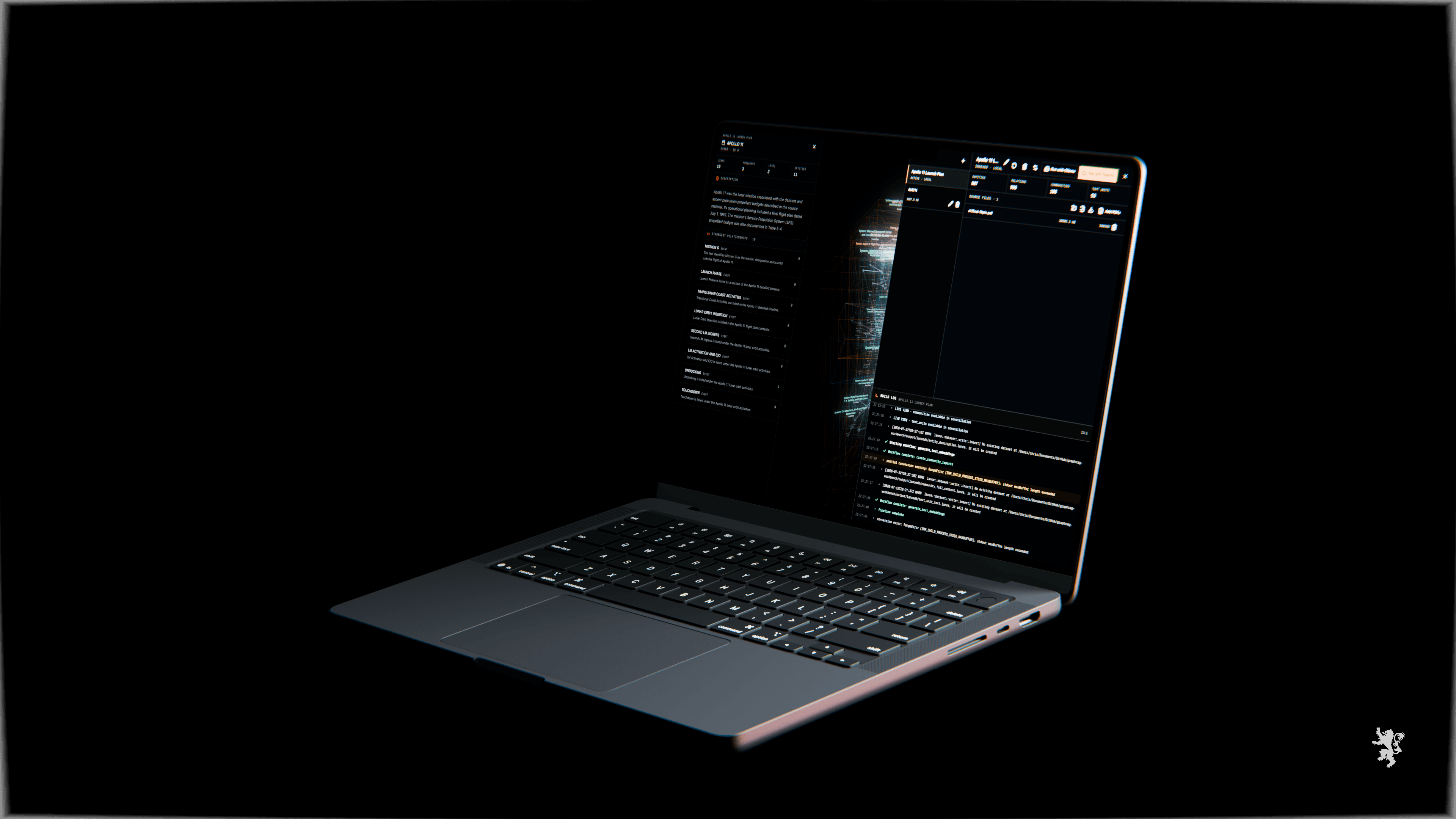 45-degree Blender render of GraphRAG Workbench on a MacBook
