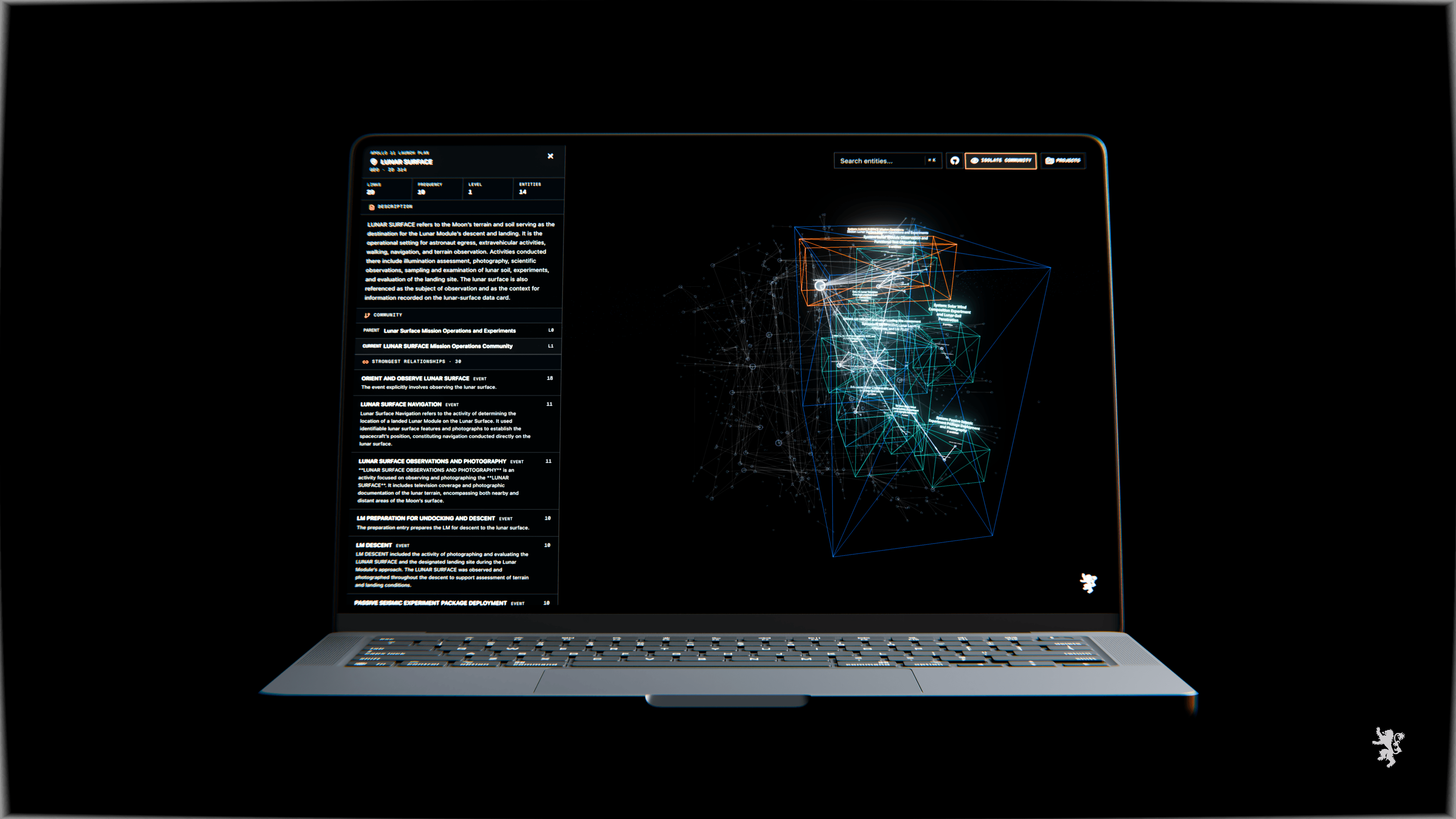 Head-on Blender render of GraphRAG Workbench on a MacBook