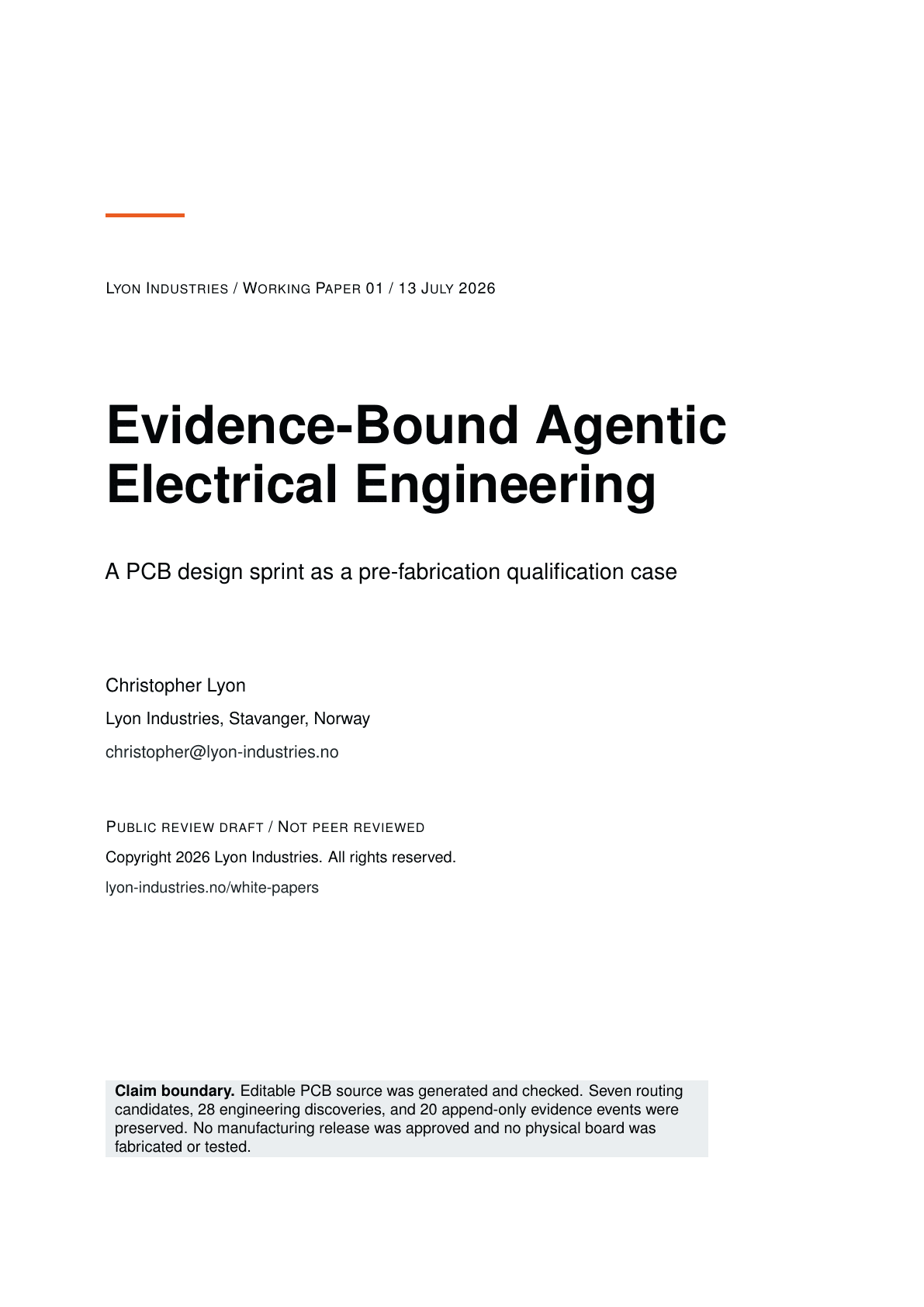 Cover of Lyon Industries Working Paper 01, Evidence-Bound Agentic Electrical Engineering.