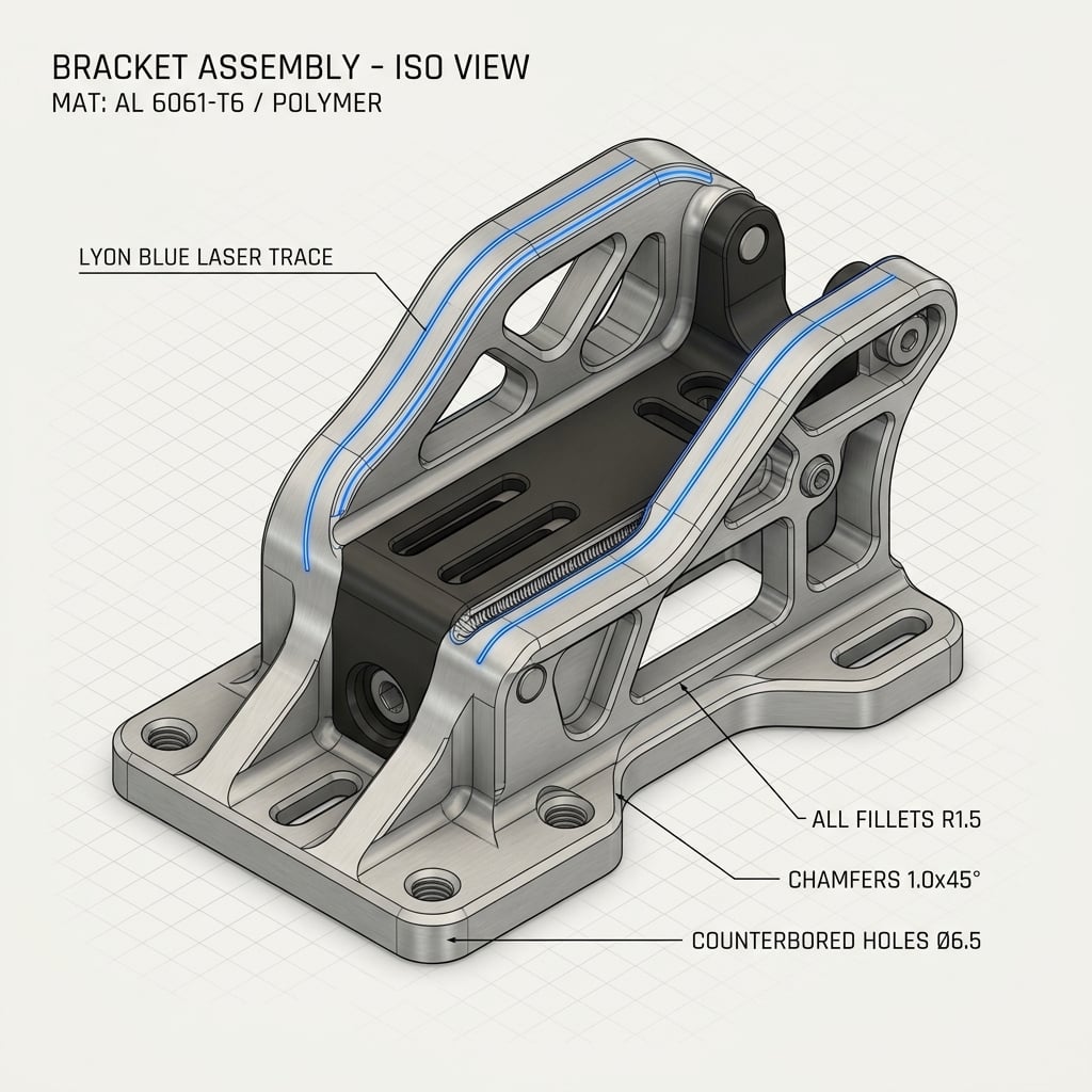 CAD-style render of a machined mechanical bracket with a blue toolpath signal