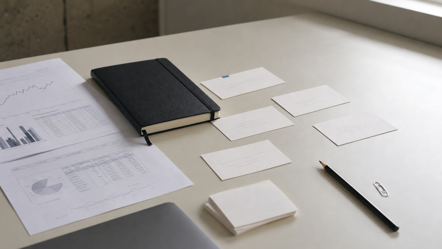 Editorial research desk with a black notebook, market charts, blank index cards, pencil, and paper clip