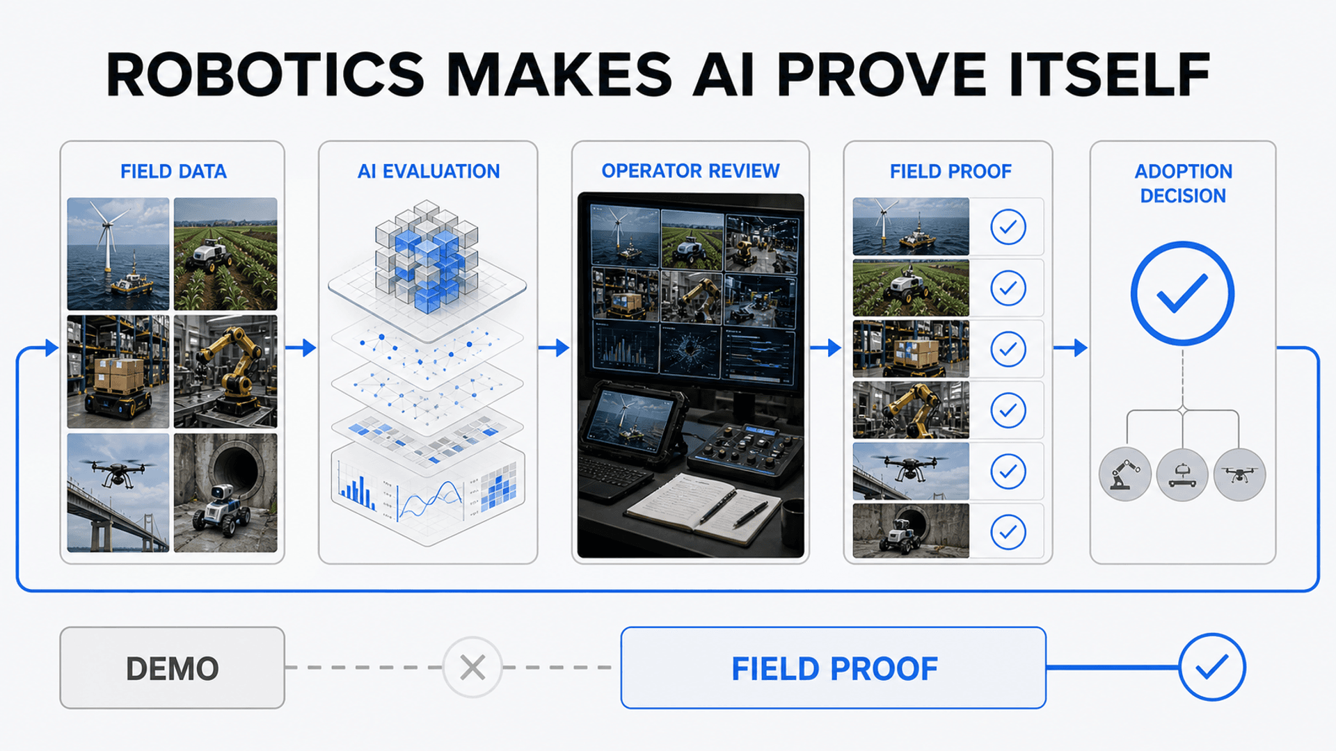 Inline research diagram showing robotics field data moving through AI evaluation, operator review, field proof, and adoption decision.