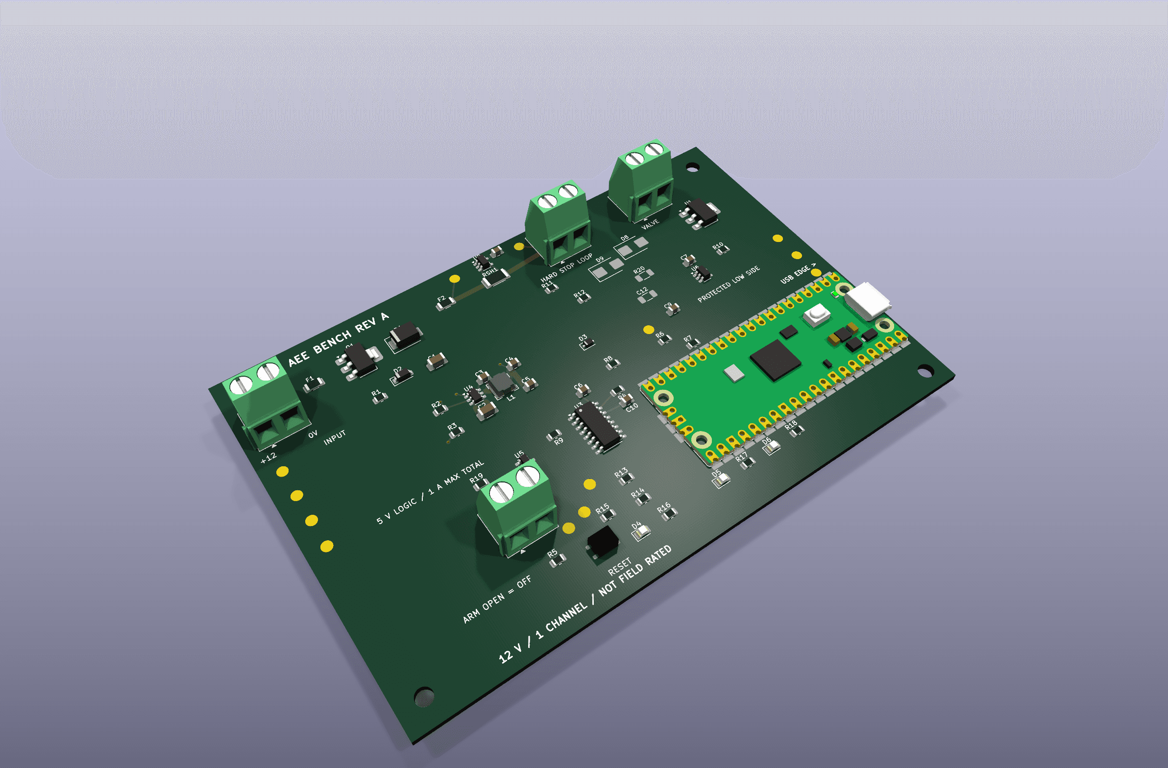 Isometric KiCad render of the same copper-free Candidate 7 controller seed, showing connector access, component height, and Raspberry Pi Pico placement.