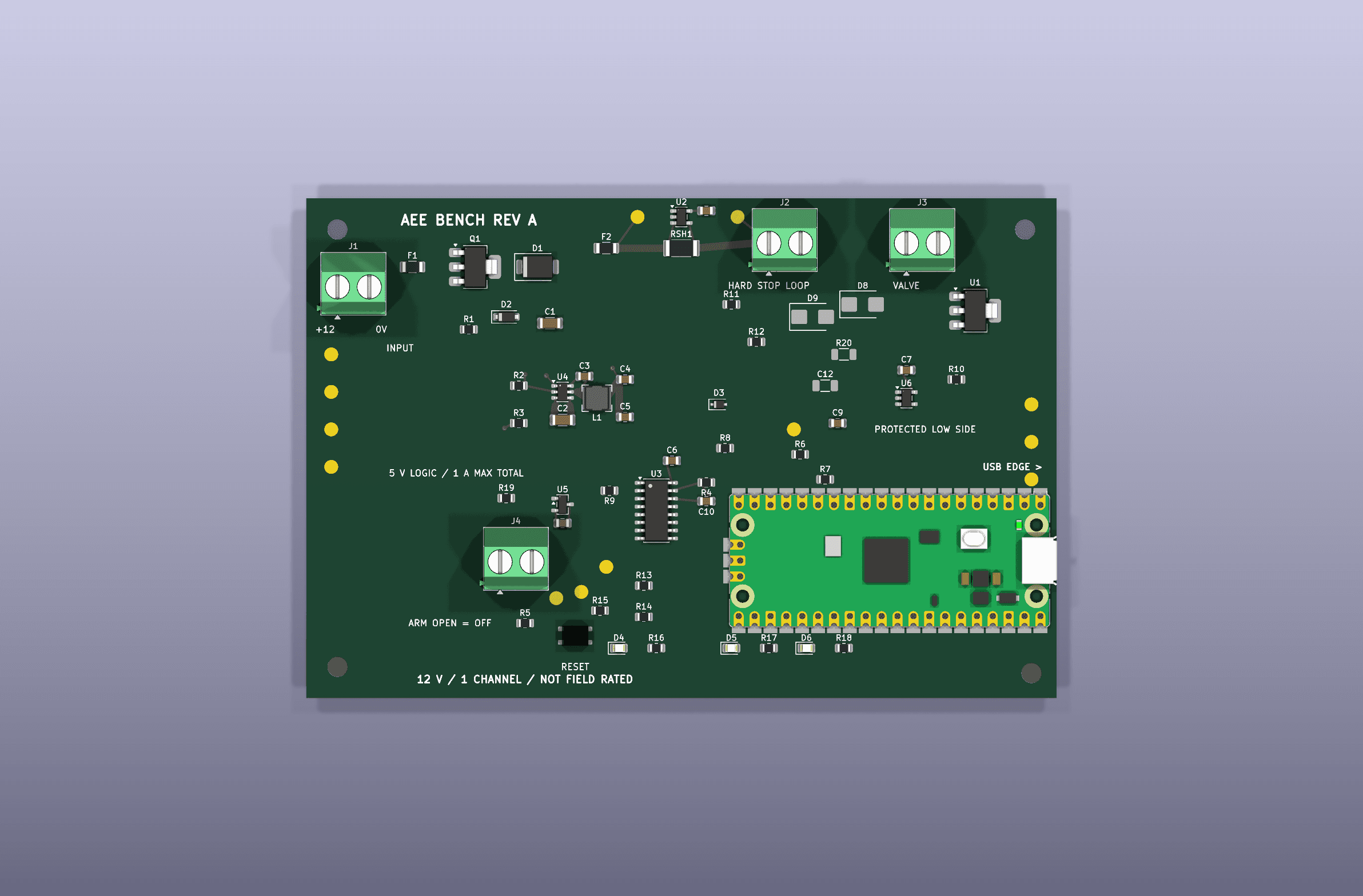 Top KiCad render of the copper-free Candidate 7 controller seed with the power, control, connector, and Raspberry Pi Pico components placed.