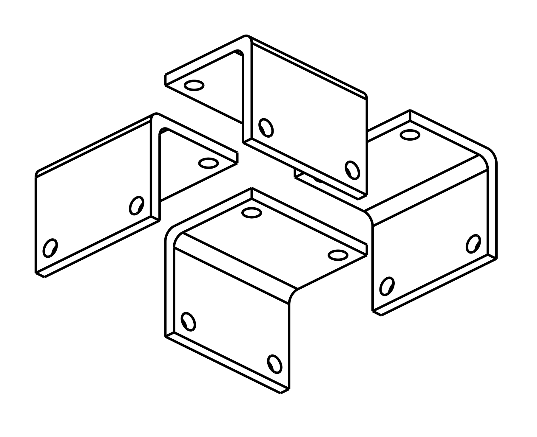Undistorted black-on-white orthographic rendering of four exact angle-bracket solids generated from the final version 13 STEP artifact.