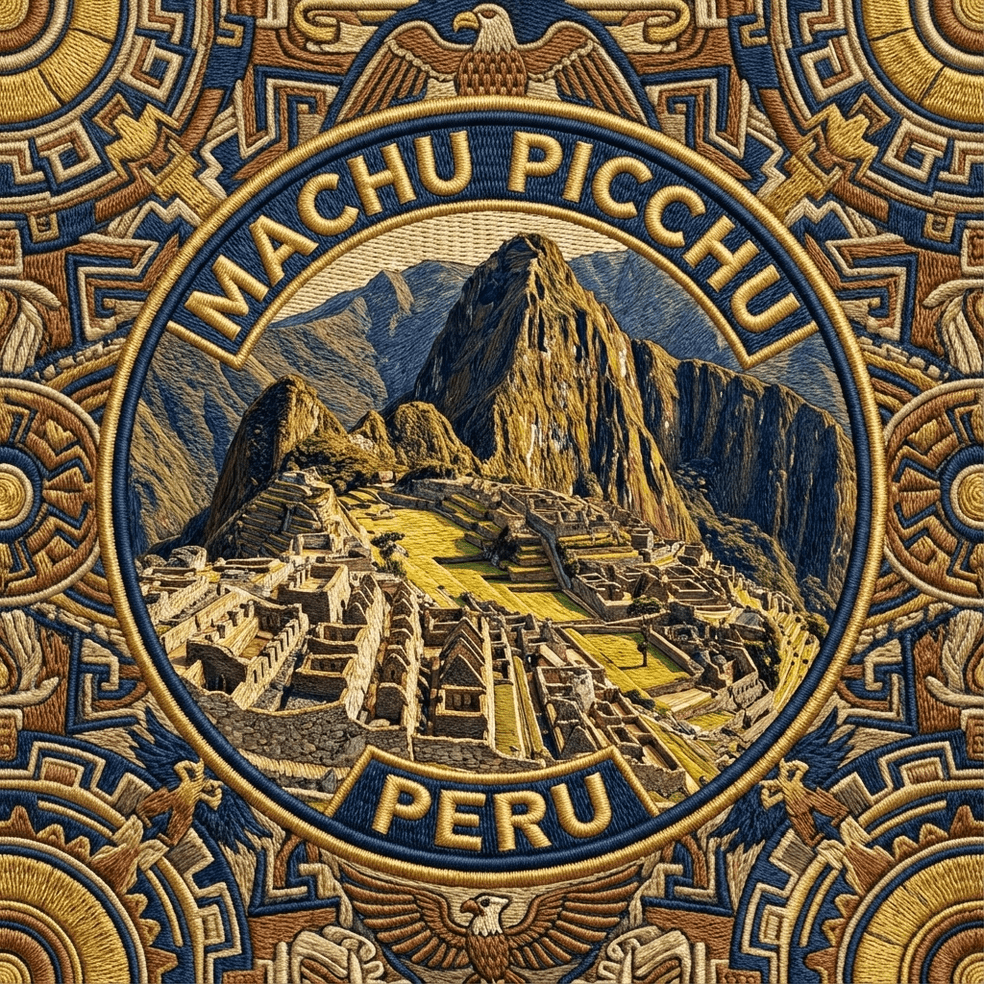 Square Machu Picchu manufacturing artwork with the circular patch face in the center and decorative artwork continuing to every edge.