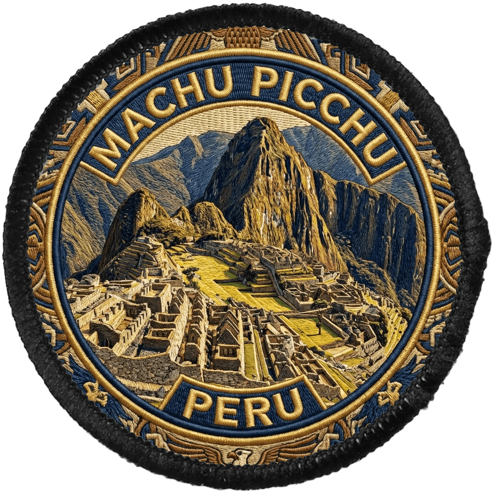 Circular customer preview of the Machu Picchu patch with a black overlocked edge.
